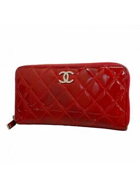 Chanel Wallet Quilted Brilliant Patent Leather Red Silver
